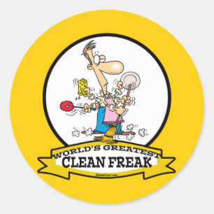 WORLDS GREATEST CLEAN FREAK MANNEN CARTOON RONDE STICKER