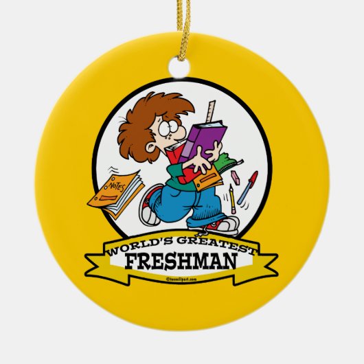 WORLDS GREATEST FRESHMAN BOY CARTOON KERAMISCH ORNAMENT (Voorkant)