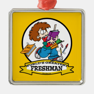 WORLDS GREATEST FRESHMAN BOY CARTOON METALEN ORNAMENT