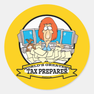 WORLDS GREATEST TAX PREPARER CARTOON RONDE STICKER