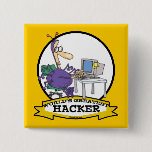 WORLDS GROATEST HACKER CARTOON VIERKANTE BUTTON 5,1 CM