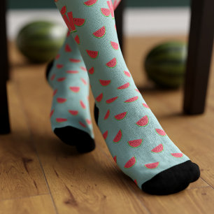 Worm watermeloen fruit schijven patroon turquoise sokken