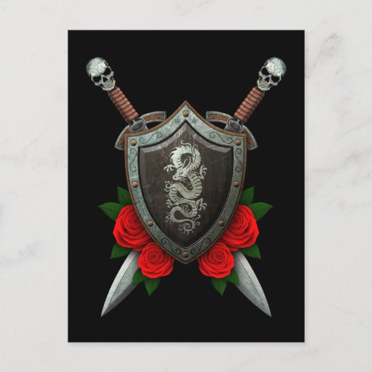 Worn Chinese Dragon Shield and Swords with Rozen Briefkaart (Voorkant)