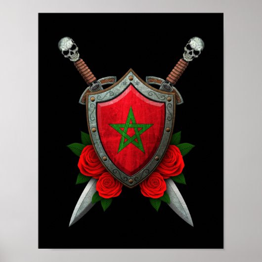 Worn Moroccan vlag Shield and Swords with Rozen Poster (Voorkant)