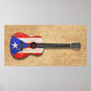 Worn Puerto Rico Flag Acoustic Guitar Poster
