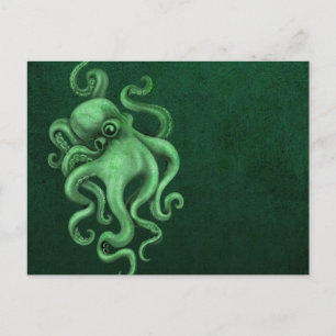 Worn Vintage Octopus Illustration - Green Briefkaart