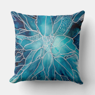Worpkussen - Alcohol Ink Kunst Blauw Witte Bloem Kussen