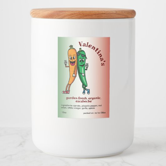 Wortel en Pepper Pals Cartoon Escabeche Pickle Voedselcontainer Etiket (Voorkant)