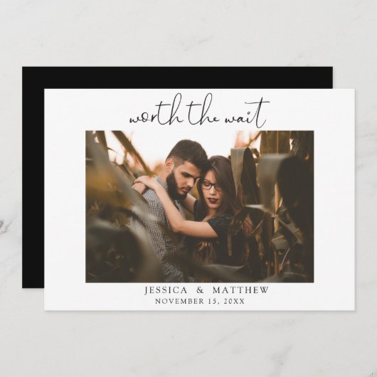 Worth the Wait Wedding Photo Script Modern Save The Date (Voorkant / Achterkant)