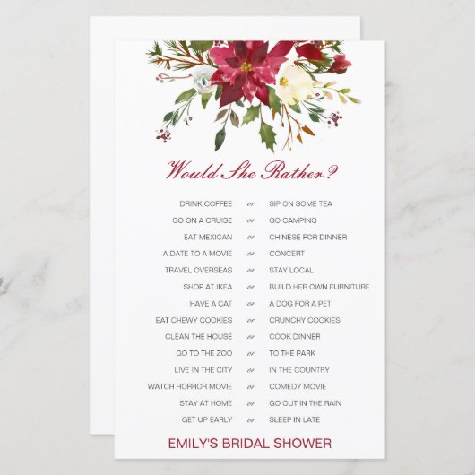 Would She Rather Bridal Shower Game PRINTED (Voorkant / Achterkant)