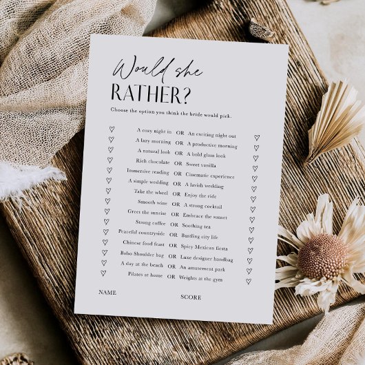 Would She Rather Bridal Shower Game Trivia Card Kaart