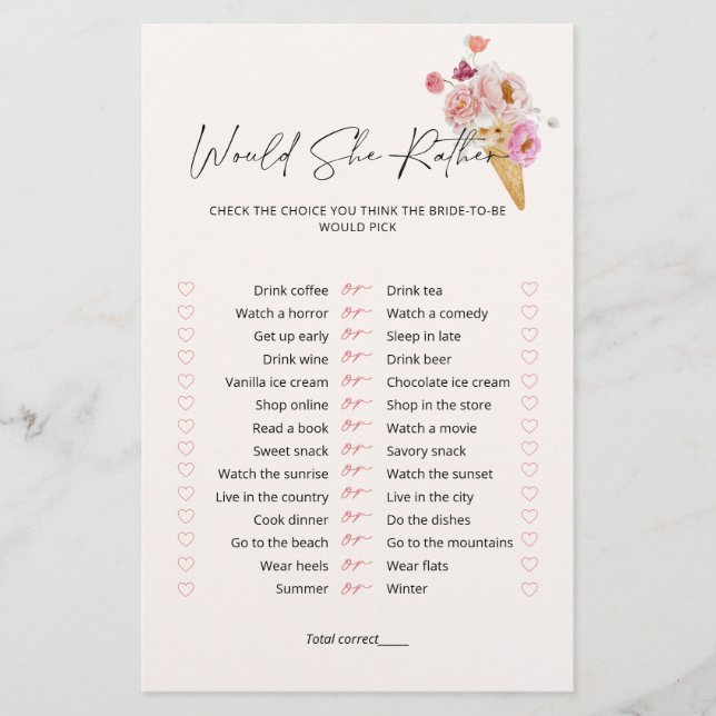 Would She Rather Ice Cream Bridal Shower Game  (Voorkant)
