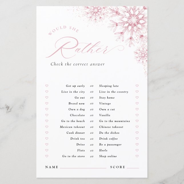 Would She Rather Pink Snow in Love Bridal Shower (Voorkant)