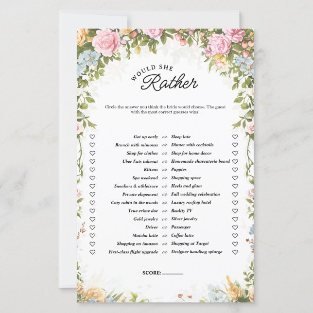 Would She Rather Tea Party Bridal Shower Game (Voorkant)