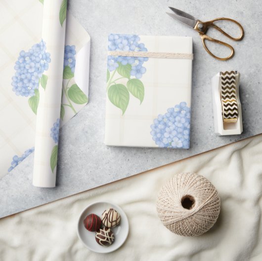 Wrapping Paper | Blue Hydrangea | Luxe Ivory Plaid Cadeaupapier (Crafts)