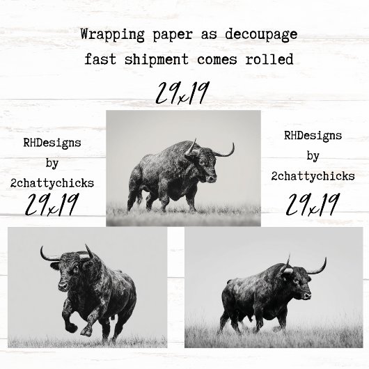 Wrapping Paper Decoupage Black White Bulls Western
