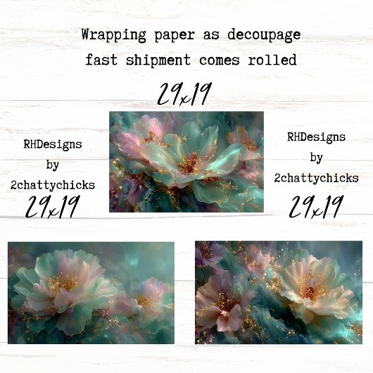 Wrapping Paper for Decoupage Teal Gold Florals 