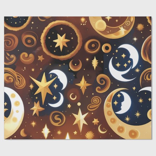 Wrapping Paper -Golden Ochre Celestial Moon Patten Cadeaupapier (Vlak)