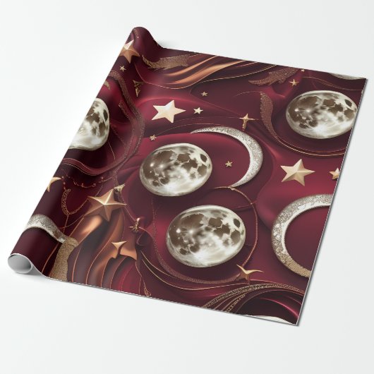 Wrapping Paper – Luxury Garnet Red Celestial Moon  Cadeaupapier (Uitgerold)