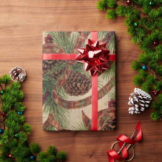 Wrapping Paper Rustic Pinecone Holiday Ribbon Cadeaupapier (Feestdagen Geschenken)
