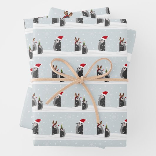 Wrapping paper set with holiday penguins (In situ)
