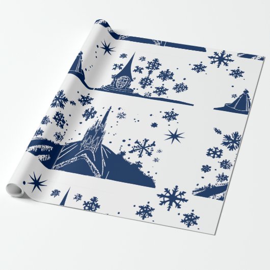 Wrapping van kerstcadeaubonblauw op wit papier (Uitgerold)