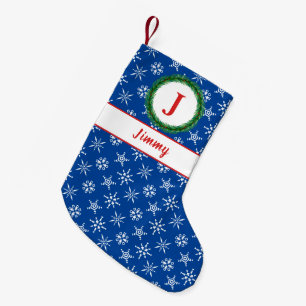Wreatemonogram Jouw naam Blue & White Snowflakes Kleine Kerstsok