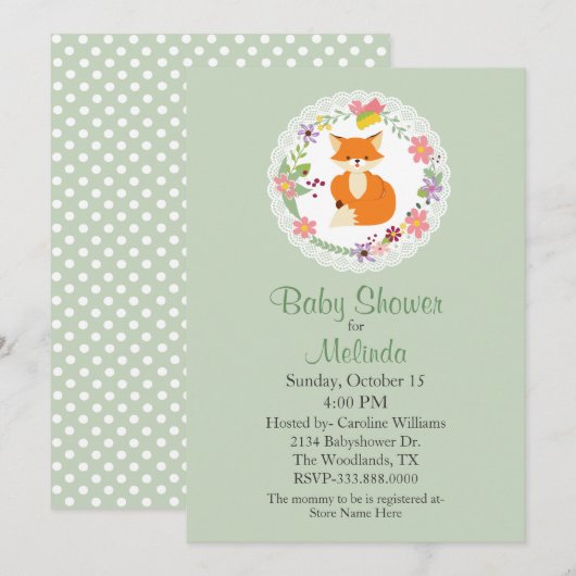 Wreath avec Fox Green Baby shower Invitation (Devant / Derrière)
