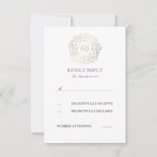 Wreath Floral Or | Cartes RSVP de mariage de texte (Devant)