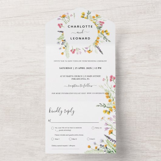 Wreath Floral Waterverf Wedding All In One Uitnodiging (Binnen)