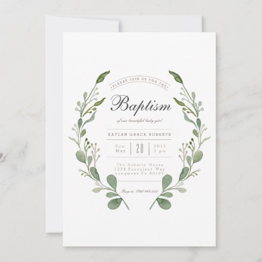 Wreath Greener | Invitation de baptême d'aquarelle (Devant)