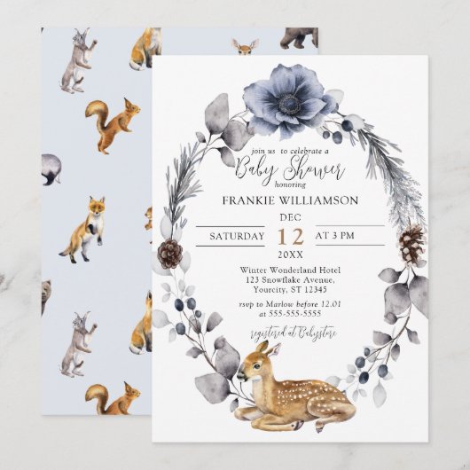 Wreath hiver Deer Woodland Baby shower Invitation (Devant / Derrière)