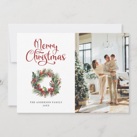 Wreath Holly Berries Photo Joyeuse carte de Noël (Devant)