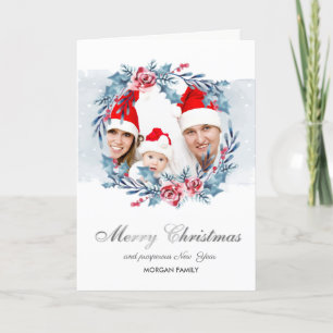 Wreath Holly Berry Flowers Photo Merry Kerstmis Feestdagen Kaart