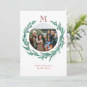 Wreath Monogram Photo Holiday Card Feestdagenkaart (Staand voorkant)