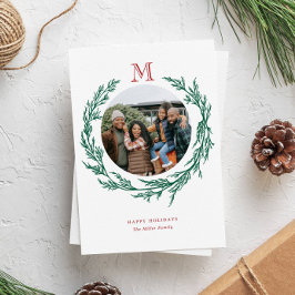 Wreath Monogram Photo Holiday Card Feestdagenkaart