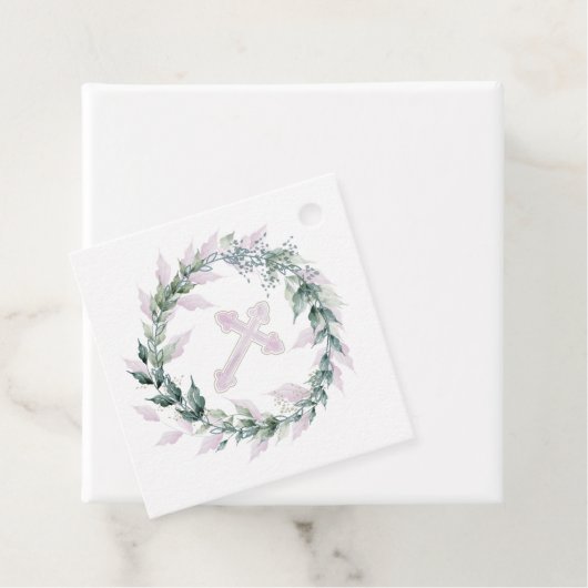 Wreath & Roze Cross Communist Baptisme Christening Bedankjes Labels (In situ)