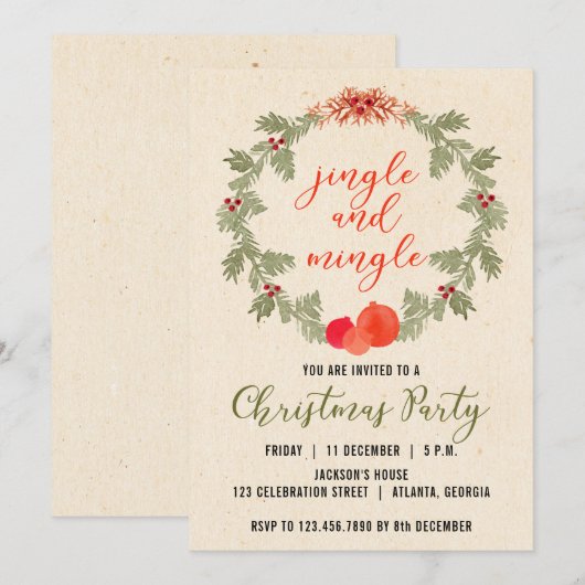 Wreath Vintage Christmas Party Invitation (Devant / Derrière)