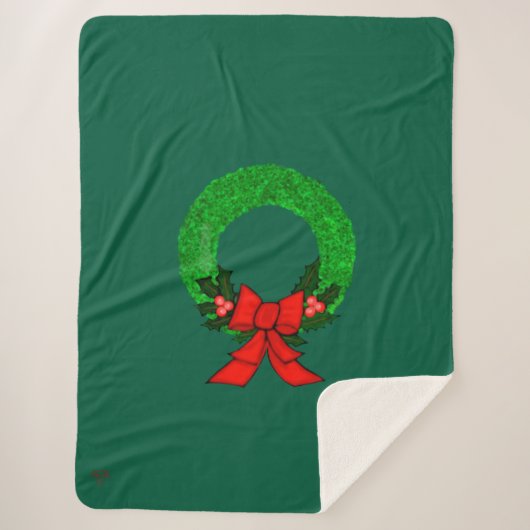 Wreath with Holly and Red Bow Sherpa Blanket Deken (Voorkant)