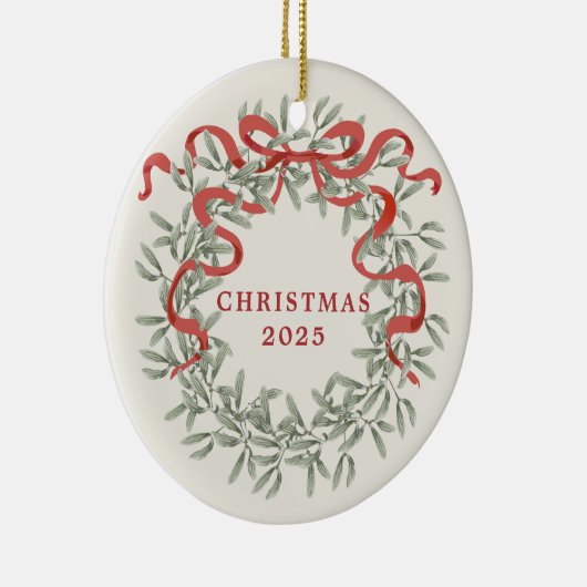 Wreath with Red Ribbon Family Photo Holiday Keramisch Ornament (Rechts)