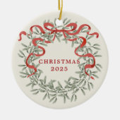 Wreath with Red Ribbon Family Photo Holiday Keramisch Ornament (Voorkant)