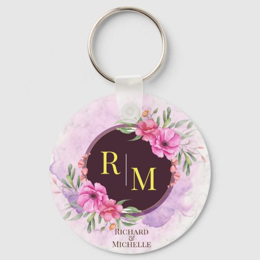 Wreator Floral Initiaal Letter Monogram Name Marbl Sleutelhanger (Voorkant)