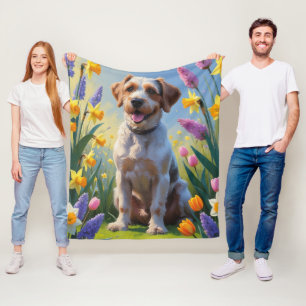 Wrehaired Pointing Griffon Spring Flowers Painting Fleece Deken