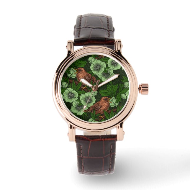 Wren en hellebore op donkergroen horloge (Voorkant)