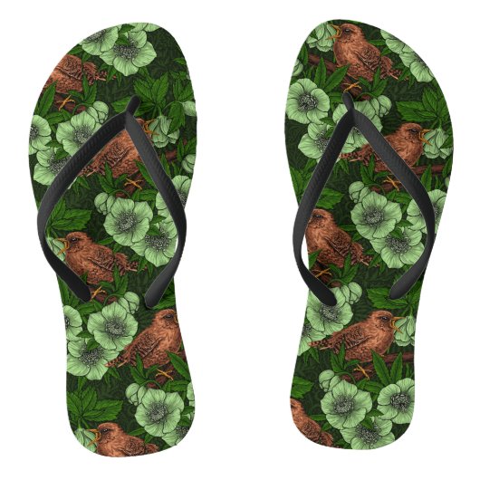 Wren en hellebore op donkergroen teenslippers (Voetbed)