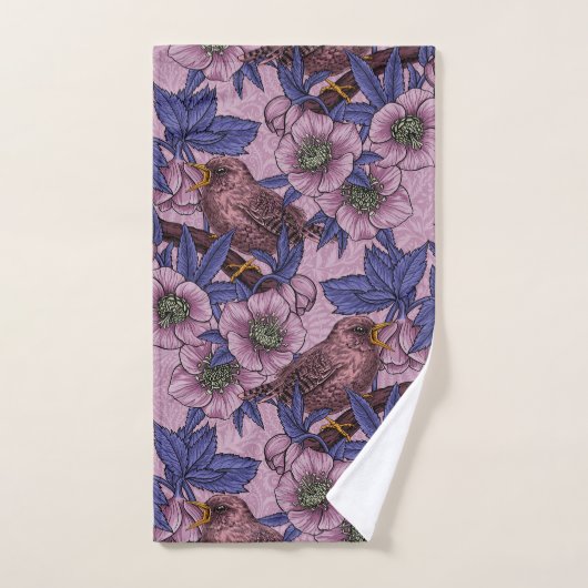 Wren en hellebore, roze en violet bad handdoek (Handdoek)