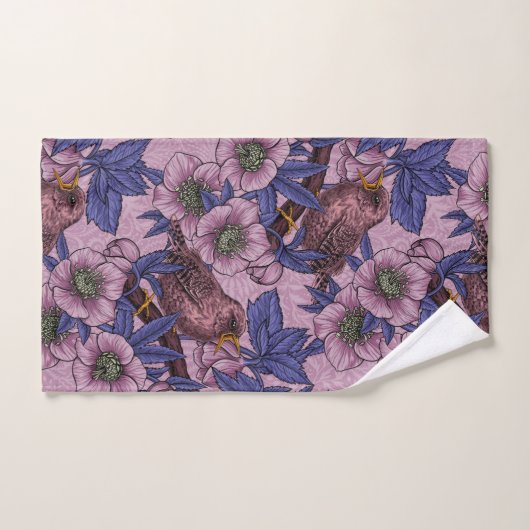 Wren en hellebore, roze en violet bad handdoek (Handdoek)