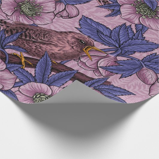 Wren en hellebore, roze en violet cadeaupapier (Hoek)