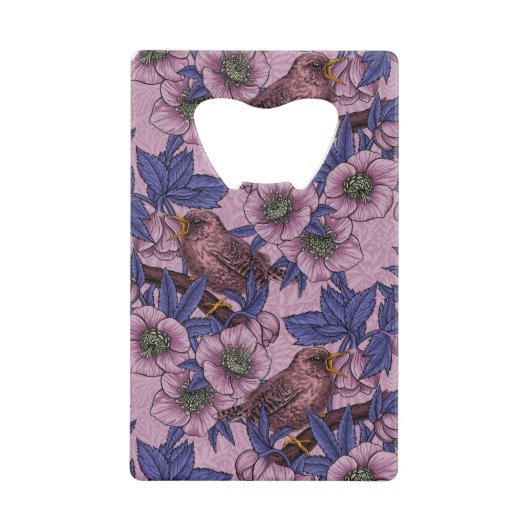 Wren en hellebore, roze en violet kredietkaart flessenopener (Voorkant)