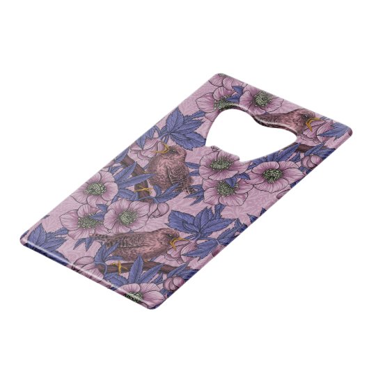Wren en hellebore, roze en violet kredietkaart flessenopener (Voorkant Gekanteld)